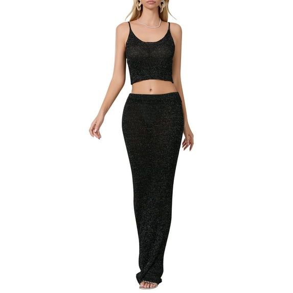 Raccmtaty Women 2-Piece Bright Silk Skirt Set Spaghetti Strap Scoop Neck Cami Long Skirt Bodycon Outfit