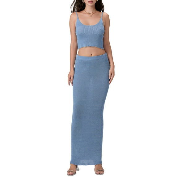 Raccmtaty Women 2-Piece Bright Silk Skirt Set Spaghetti Strap Scoop Neck Cami Long Skirt Bodycon Outfit