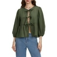 thumbnail image 1 of Raccmtaty Women Basic Tie Front Tops Casual Solid Color Loose 3/4 Sleeve Shirt Cardigan for Club Streetwear Aesthetic Clothes, 1 of 7