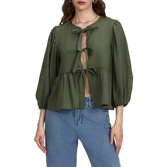 Raccmtaty Women Basic Tie Front Tops Casual Solid Color Loose 3/4 Sleeve Shirt Cardigan for Club Streetwear Aesthetic Clothes