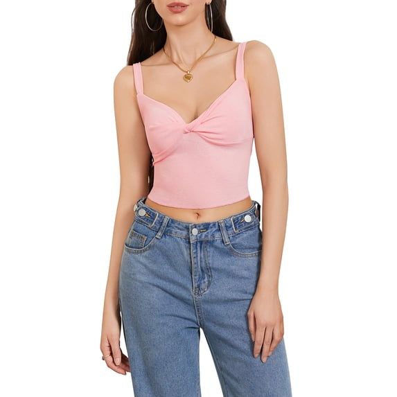Raccmtaty Women Crop Camisole Solid Color V Neck Summer Spaghetti Strap Tank Tops Sleeveless T-Shirt for Streetwear Clubwear