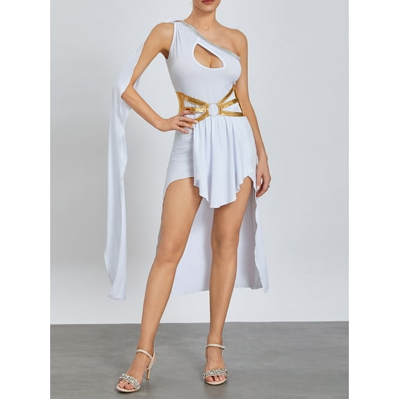 Raccmtaty Women Halloween Dress, Goddess One-shoulder Patchwork Irregular Long Dress Cosplay Dress with Headband