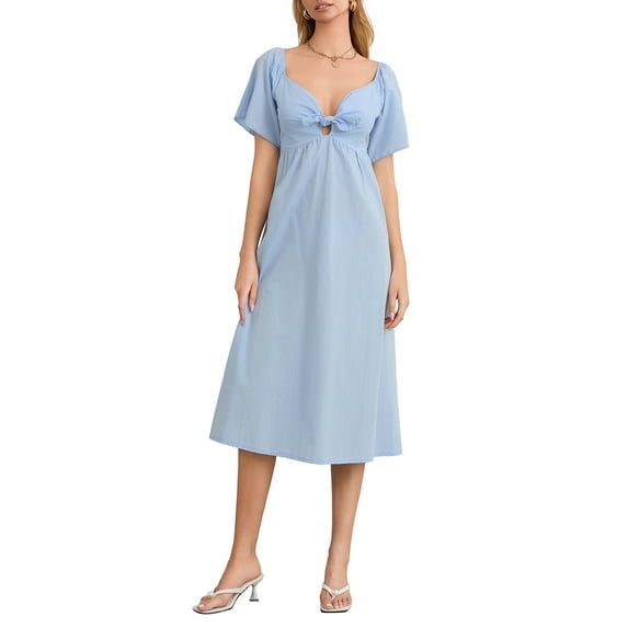 Raccmtaty Women Midi Dress Solid Color V-Neck Tie Knot Front Ruched Short Sleeve Dress Summer Casual Dress A-line Dress