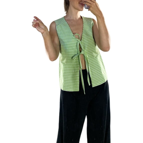 Raccmtaty Women Plaid Tank Tops Front Tie-Up V-Neck Casual Vests Summer Fashion Sleeveless Tops Streetwear