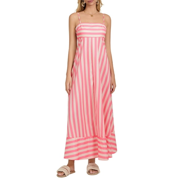 Raccmtaty Women Sleeveless Dress Summer Striped/Floral Print Backless Flowy A-Line Party Dress with Pocket for Beach Streetwear