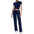 thumbnail image 1 of Raccmtaty Women Summer Pants Outfits Solid Color Short Sleeve Round Neck T-Shirts Tops Drawstring Long Trousers 2 Pieces Clothes Set, 1 of 6