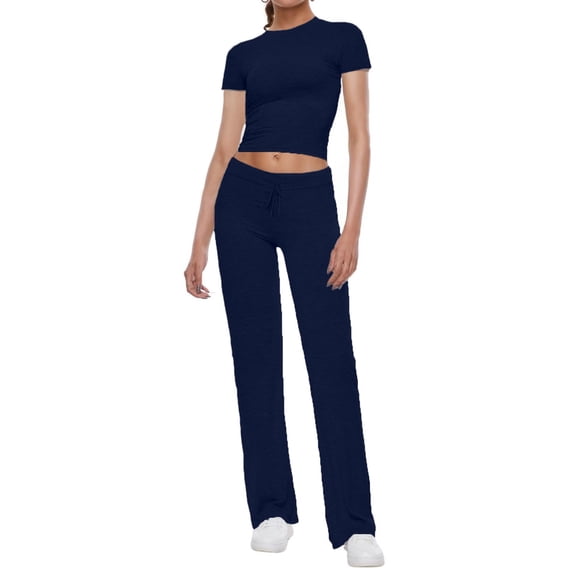 Raccmtaty Women Summer Pants Outfits Solid Color Short Sleeve Round Neck T-Shirts Tops Drawstring Long Trousers 2 Pieces Clothes Set