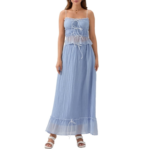 Raccmtaty Women Summer Skirts Outfits Patchwork Front Tie-Up Spaghetti Strap Camisoles Tank Tops Long Skirts 2 Pieces Clothes Set