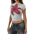 thumbnail image 1 of Raccmtaty Women T-shirt, Crew Neck Short Sleeve Flower Print Slim Fit Summer Tops for Casual Daily, 1 of 8