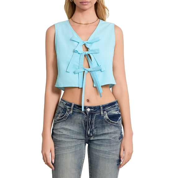Raccmtaty Women Tie Front Tank Tops Casual Summer Solid Color/Stripe Print Crop Basic Vest Sleeveless Shirt for Streetwear