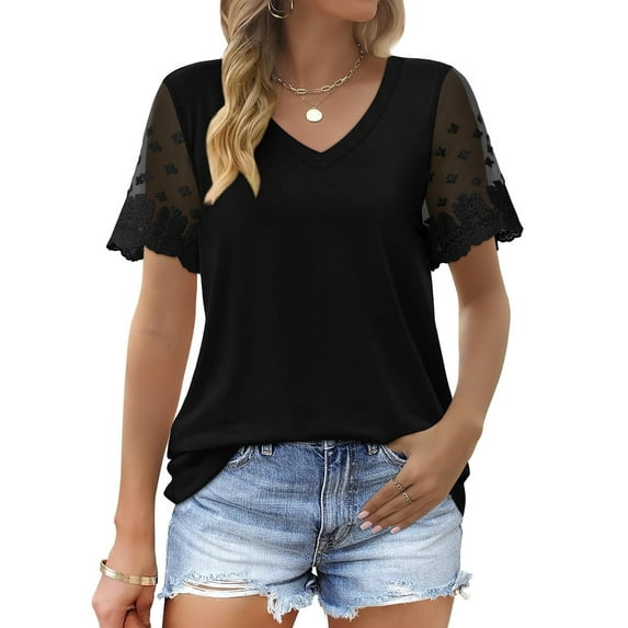 Raccmtaty Women V-Neck T-Shirts Mesh Lace Short Sleeve Shirts Summer Casual Loose Fit Tops Streetwear