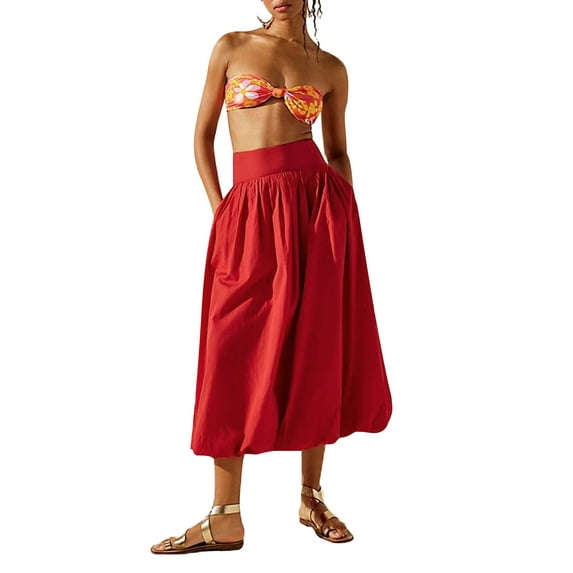 Raccmtaty Women's Ankle Length Skirt Casual Loose Fitting Elastic Waist Solid Color Puffball Skirt for Summer Spring