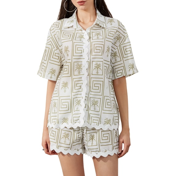 Raccmtaty Women’s Casual 2 Piece Outfits Short Sleeve Geometric Print Button Up Shirt + Loose Shorts Set Loungewear
