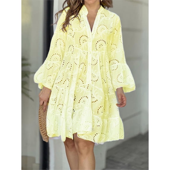 Raccmtaty Women's Embroidery Lace Shirt Dress Eyelet Hollow Out Long Sleeve Front Button V-Neck Loose Midi Dress for Party