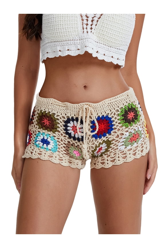Women's Knit Crochet Shorts Casual Hollow Out Elastic Waist Drawstring Short Pants Lounge Shorts for Summer