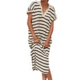 thumbnail image 1 of Raccmtaty Women's Knit Midi Dress Short Sleeve Lapel Collar Striped Print Long Dress Going Out Dress, 1 of 6