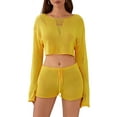 thumbnail image 1 of Raccmtaty Women's Knit Swimsuit Cover-Up Outfits Solid Color Ripped Long Sleeve Crop Tops with Drawstring Shorts Set, 1 of 8