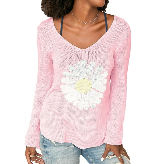 Raccmtaty Women's Knitted Tops Daisy Side Slits Long Sleeve V-Neck Ribbed Loose Sweaters