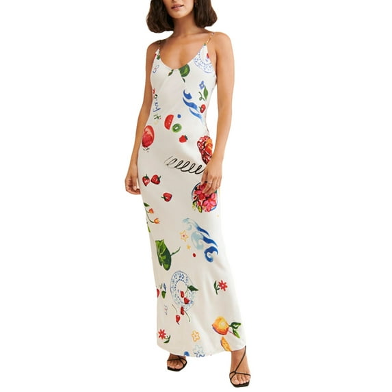 Raccmtaty Women's Long Cami Dress Slim Fruit Print Scoop Neck Backless Spaghetti Strap Dress for Party Club