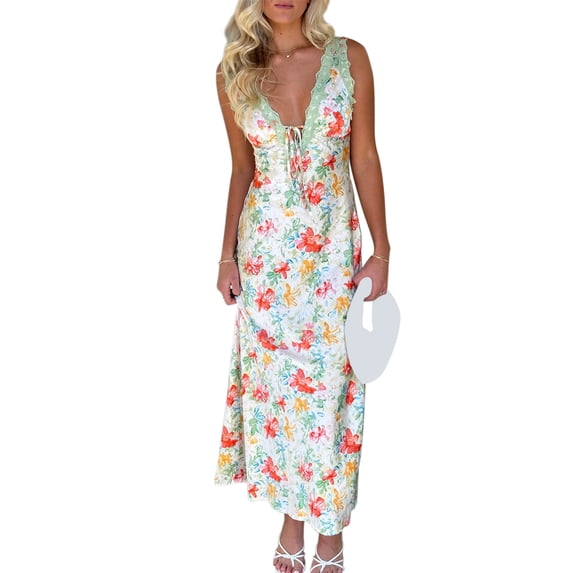 Raccmtaty Women's Long Tank Dress Slim Flower Print Lace Trim Deep V Neck Sleeveless Backless Dress for Party Club Wedding