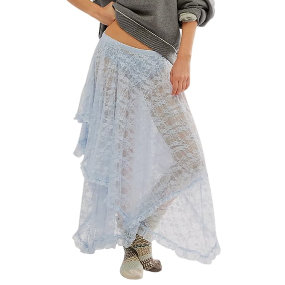 Raccmtaty Women's Midi Skirts Lace Elastic High Waist Skirts Spring Summer Irregular Hem Casual Skirts