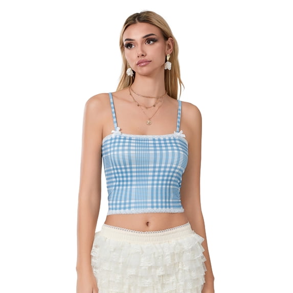 Raccmtaty Women's Plaid Crop Cami Tops Sleeveless Tiny Bow Front Camisole Lace Trim Tank Tops