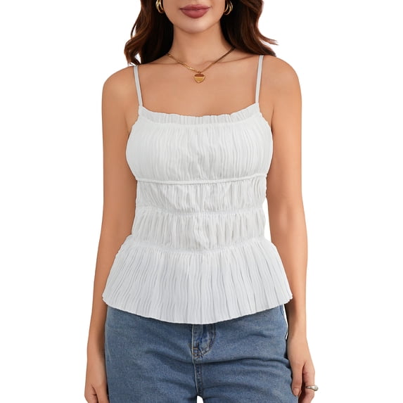 Raccmtaty Women's Ruched Cami Tops Sleeveless Spaghetti Strap Frill Camisole Summer Tank Tops