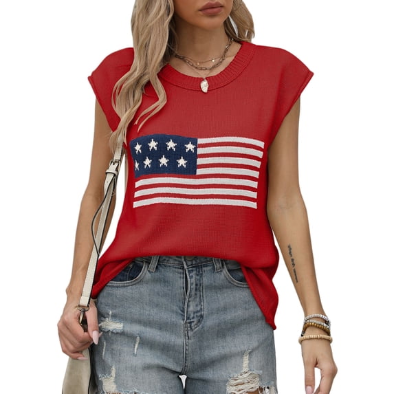 Raccmtaty Women's Summer Casual Sweater Tops Cap Sleeve Round Neck Flag Print Knitwear T-shirt