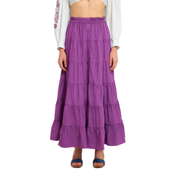 Raccmtaty Women's Summer High Waist Skirt Solid Color Tiered Button Long Skirt for Travel, Beach, Shopping