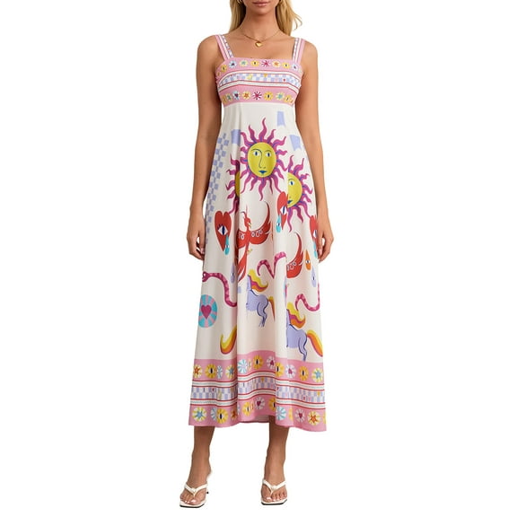 Raccmtaty Women’s Summer Long Dress Bohemian Print Sleeveless Square Neck A-line Dress Flowy Beach Dress