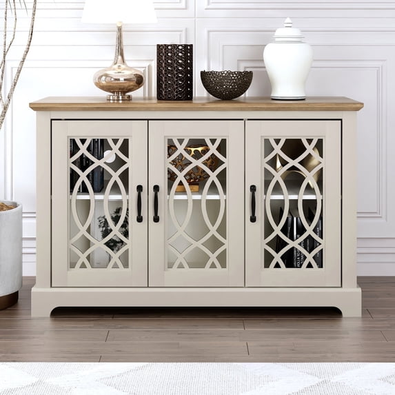 Galano Raccon 3-Door Wide Sideboard, Ivory with Knotty Oak Finish, Adjustable Shelves