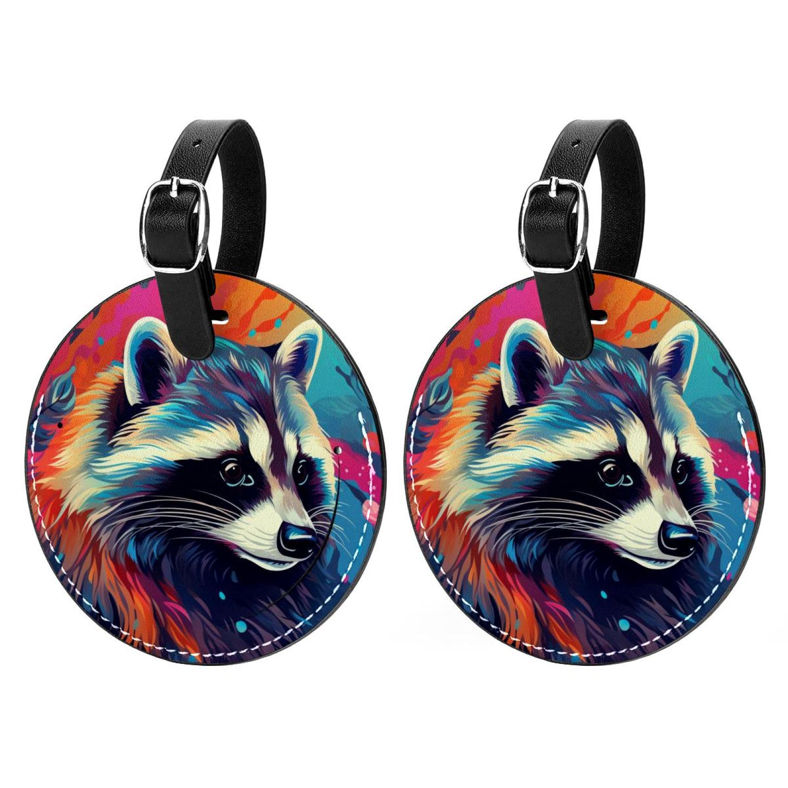 Raccoon 2Pcs PU Leather Round Luggage Tags with Privacy Cover and Name ...