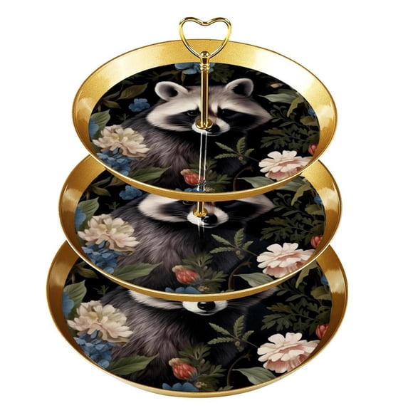 Raccoon 3 Tier Plastic Cupcake Stand | Dessert Table Display Holder with 21cm/24cm/27cm Plates | 32cm/12.5in Height