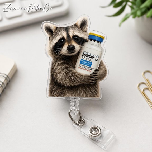 Raccoon Anesthesia Badge Reel, Funny Medical Badge Holder, Nurse CRNA Anesthesiologist ID Reel, Healthcare Gift
