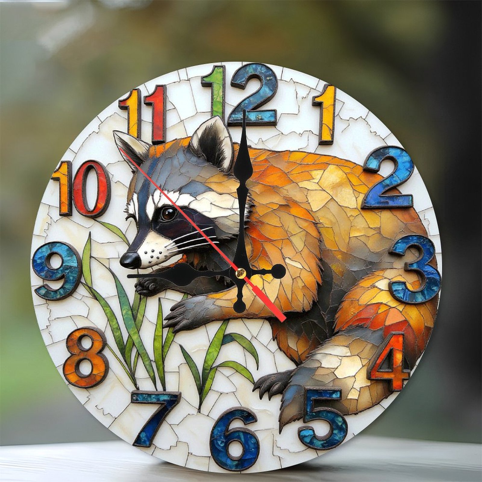 Raccoon Art Glass Wall Clock Colorful Home Decor 10-Inch Silent Wooden ...