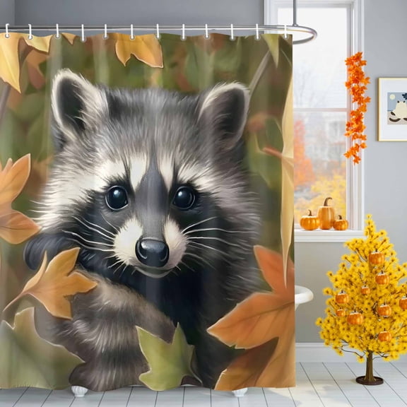 Raccoon Autumn Maple Leaves Shower Curtain for Bathroom, Watercolor Leaves Wildlife Waterproof Shower Curtains Washable Quick Dry with Hooks Bathtub Curtains 60x72 IN
