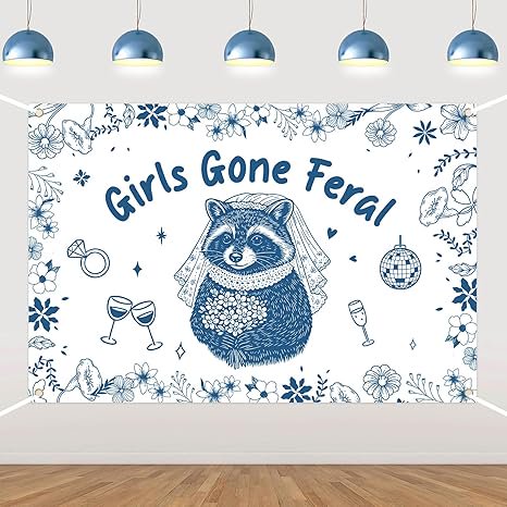 Raccoon Backdrop, Blue Raccoon Theme Girls Gone Feral Backdrop Banner Animal Bride Floral Ring Cocktail Photography Background for Bachelorette Party Bridal Shower Wedding Supplies 5 * 3ft