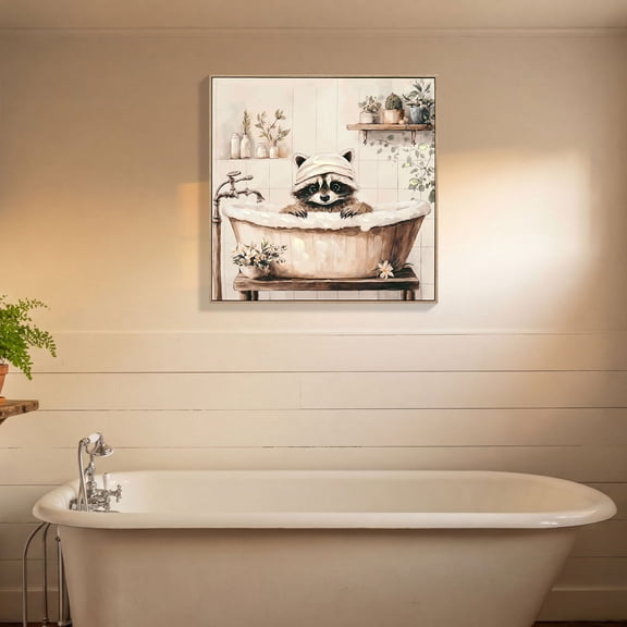 Raccoon Bathroom Canvas Wall Art Raccoon in Bathtub Painting Funny Animal Bathroom Wall Art Black and White Animal Bathtub Pictures for Bath Restroom Wall Decor Framed 24x24 inch