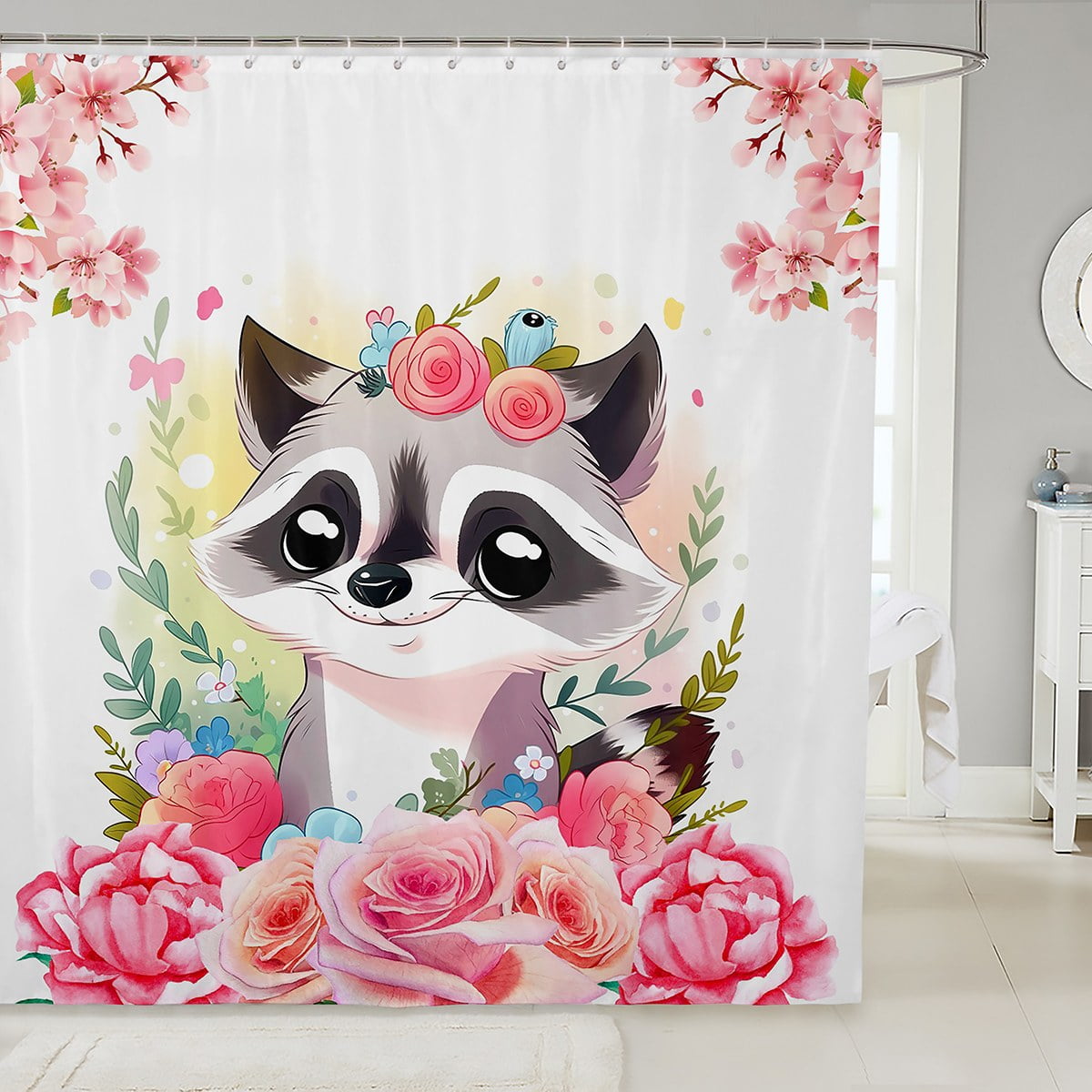 Raccoon Bathroom Shower Curtain Sets Cute Lovely Animal Fabric Shower ...