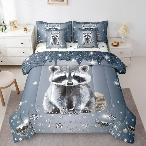 Raccoon Bed in a Bag Queen Comforter Set 7 Piece,Grey Sequin Fluid Art Bedding Set,Crystal Diamond Comforter and Sheet Set Cute Animals Bed Set,Lovely Wildlife Kawaii Room Decor