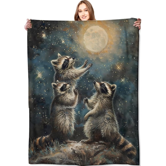 Raccoon Blanket Starry Night Throw Blankets,Birthday Gifts for Kids Adult & Wildlife Lovers,Lightweight Soft Fleece with Animal Under The Moon,for Sofa Couch Bed Room Decor 40x50in