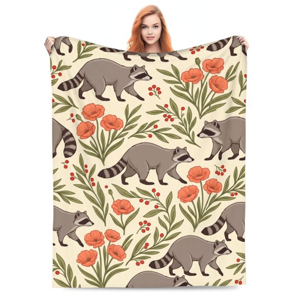 Raccoon Blanket, Super Soft Warm Flannel Flower Animal Throw Blanket, Cozy Fuzzy Plush Blanket for Bedding, Gifts for Women Kids Boys Girls and Adults 50x40