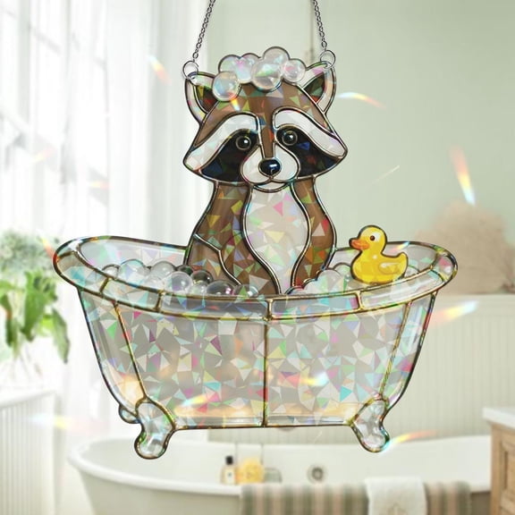 Raccoon Bubble Bath Hologram Acrylic Suncatcher Cute Animal Window Hanging Home Decor