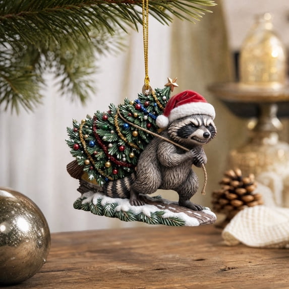 Raccoon Christmas Hanging Ornament with Santa Hat and Christmas Tree, Festive Holiday Tree Pendant Decoration.