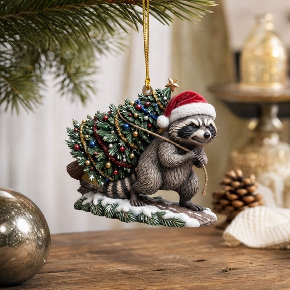 Raccoon Christmas Hanging Ornament with Santa Hat and Christmas Tree, Festive Holiday Tree Pendant Decoration.