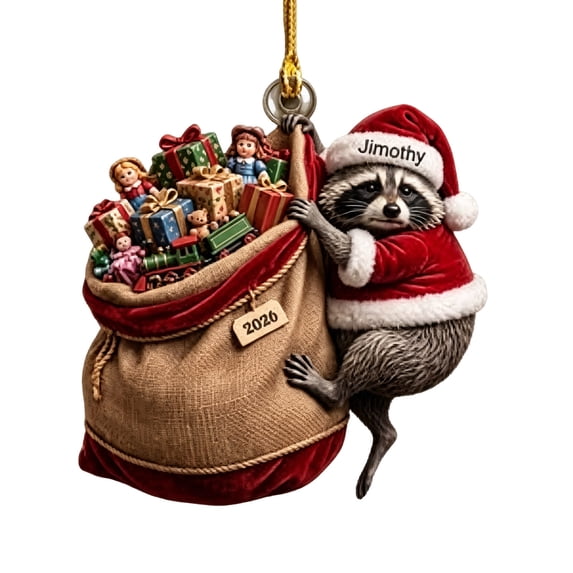 Raccoon Christmas Hanging Ornament with Santa Hat and Christmas Tree, Festive Holiday Tree Pendant Decoration.