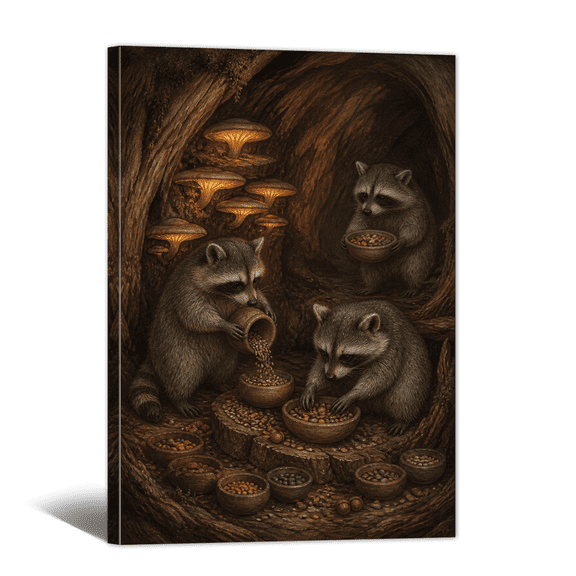 Raccoon Collecting Pine Nut Canvas Wall Art Whimsical Animal Picture Print, Fantasy Fairy Tale Artwork Vintage Oil Painting for Bathroom, Home, Living room Decor
