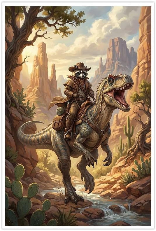 Raccoon Cowboy Riding T-Rex Western Dinosaur Adventure Canvas Print ...
