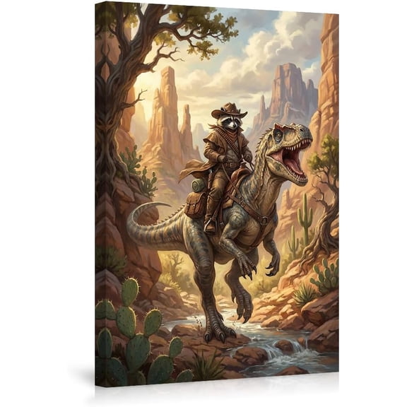 Raccoon Cowboy Riding T-Rex Western Dinosaur Adventure Canvas Print Wall Art Decor for Bedroom Living Room,Desert Canyon Scene with Cacti and Rock Formations--Un