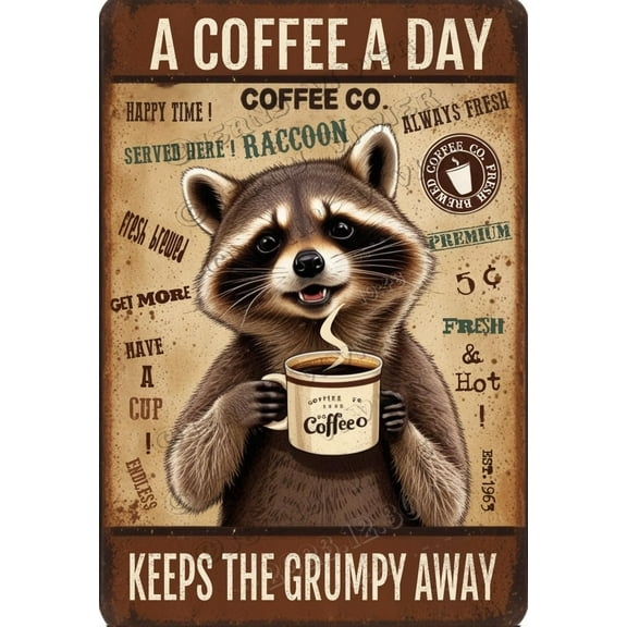 Raccoon Decor Coffee A Coffee A Day Keeps The Grumpy Away Vintage Aluminum Sign,12x8 inches, Home Decor, Funny Wall Decor for Home Office Kitchen Cafes Decor